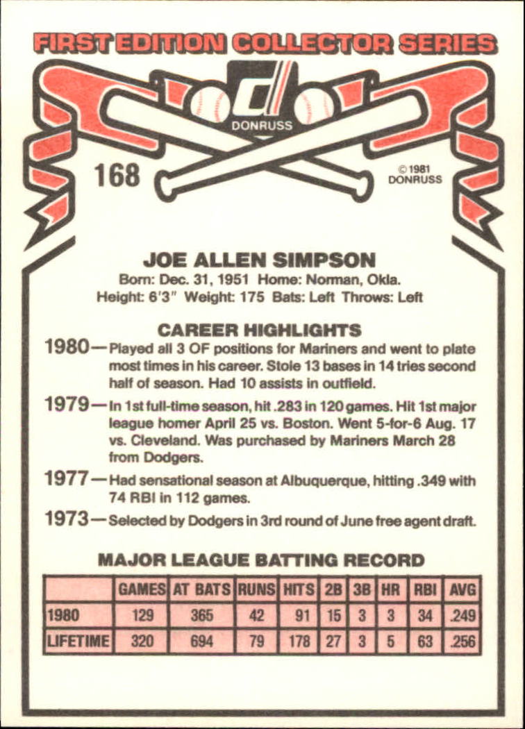 1981 Donruss #168 Joe Simpson back image
