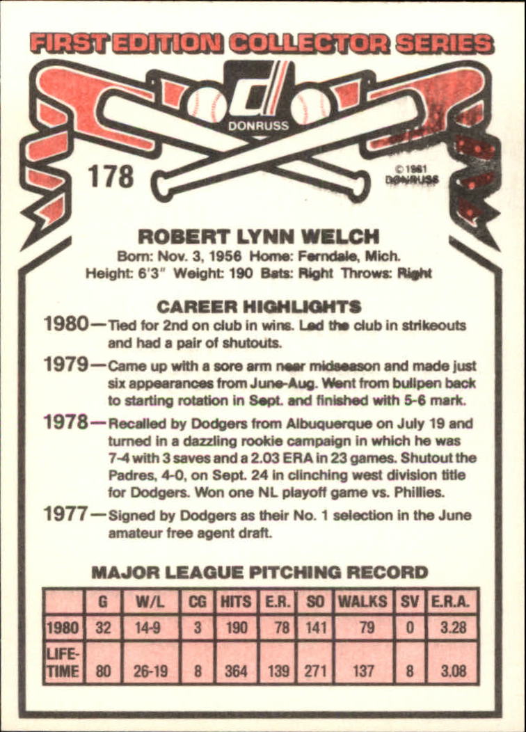 1981 Donruss #178 Bob Welch back image