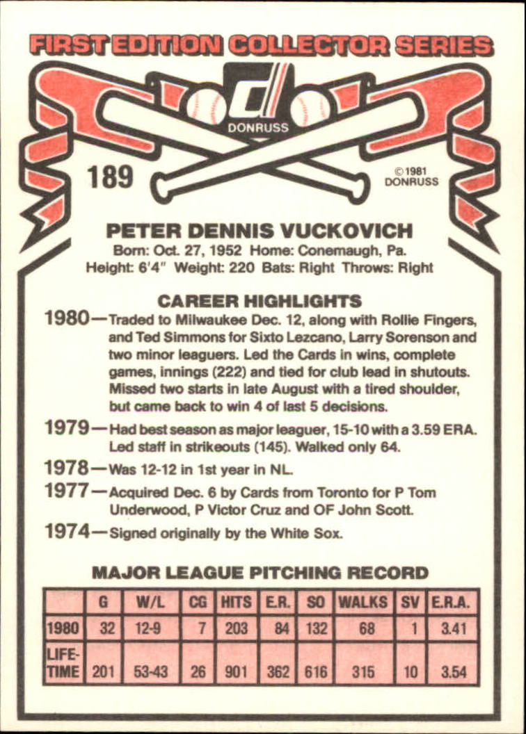 1981 Donruss #189 Pete Vuckovich back image