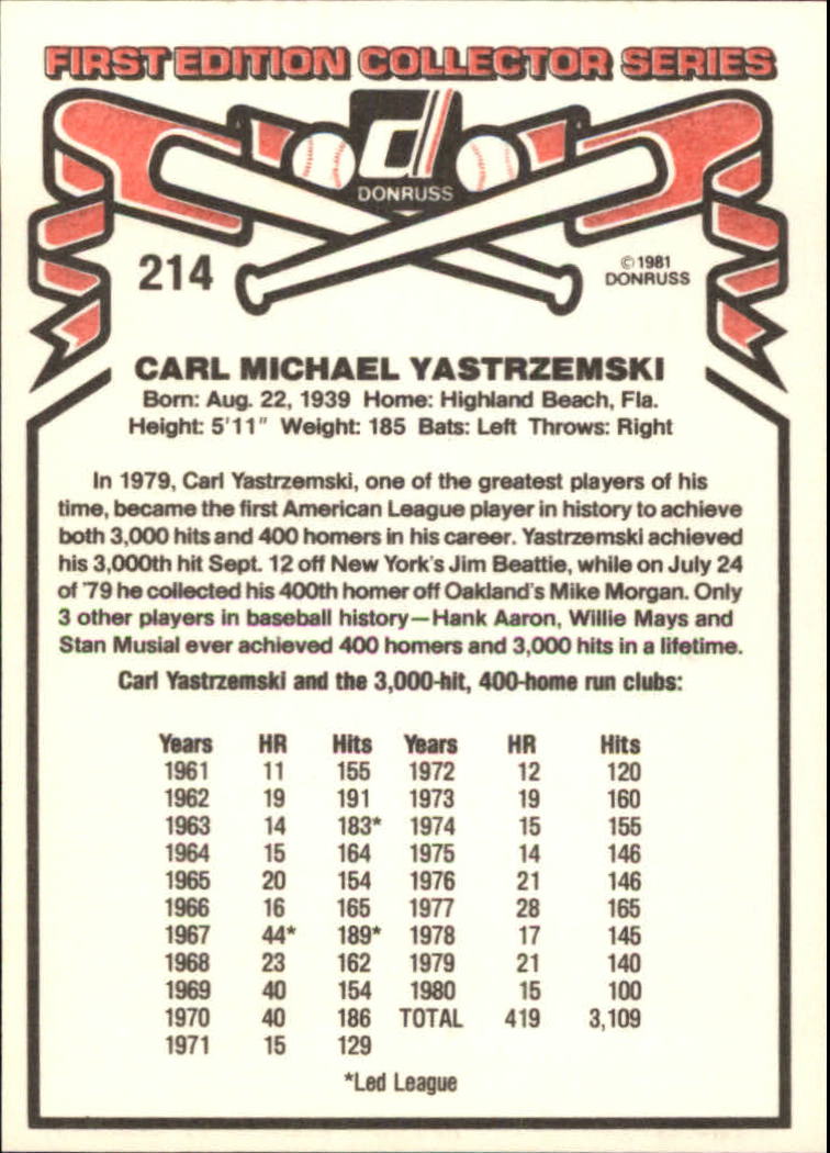 1981 Donruss #214 Carl Yastrzemski back image