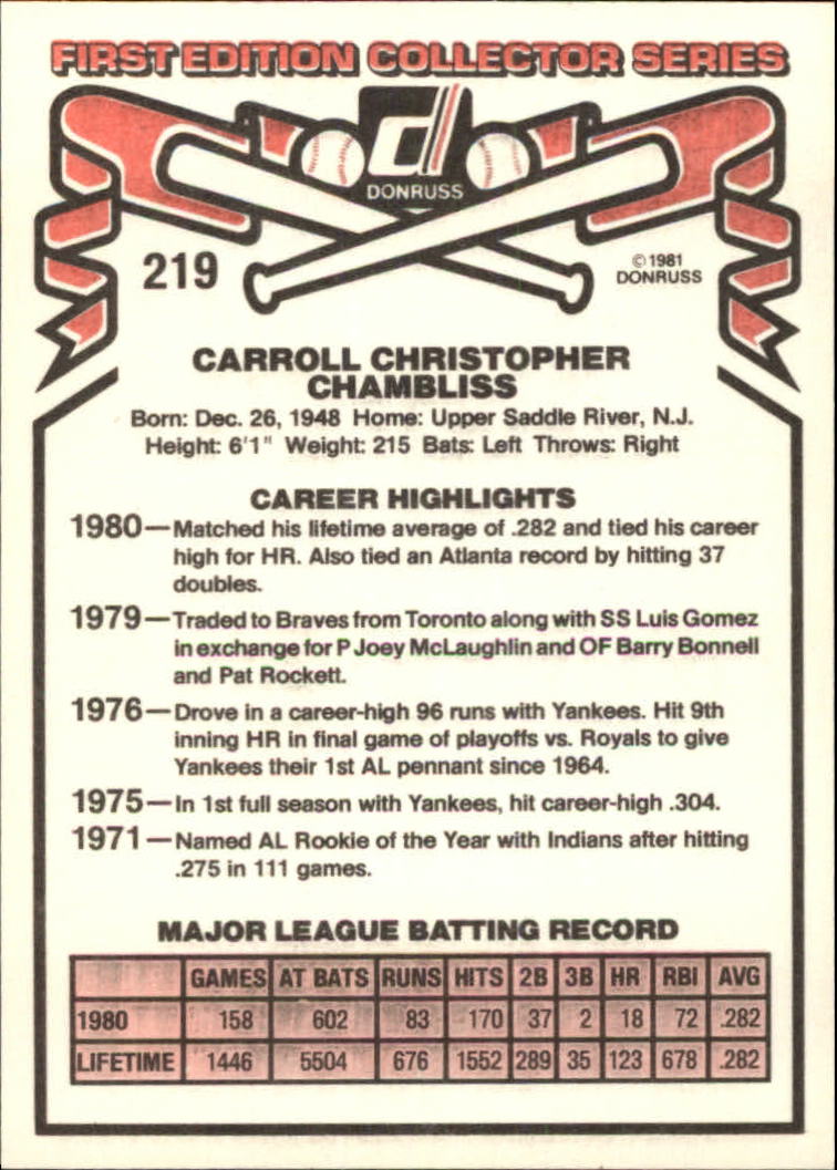 1981 Donruss #219 Chris Chambliss back image