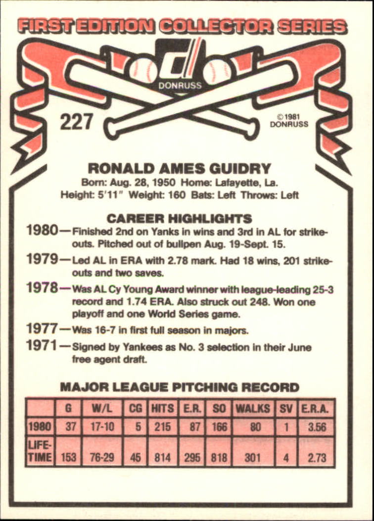 1981 Donruss #227 Ron Guidry back image
