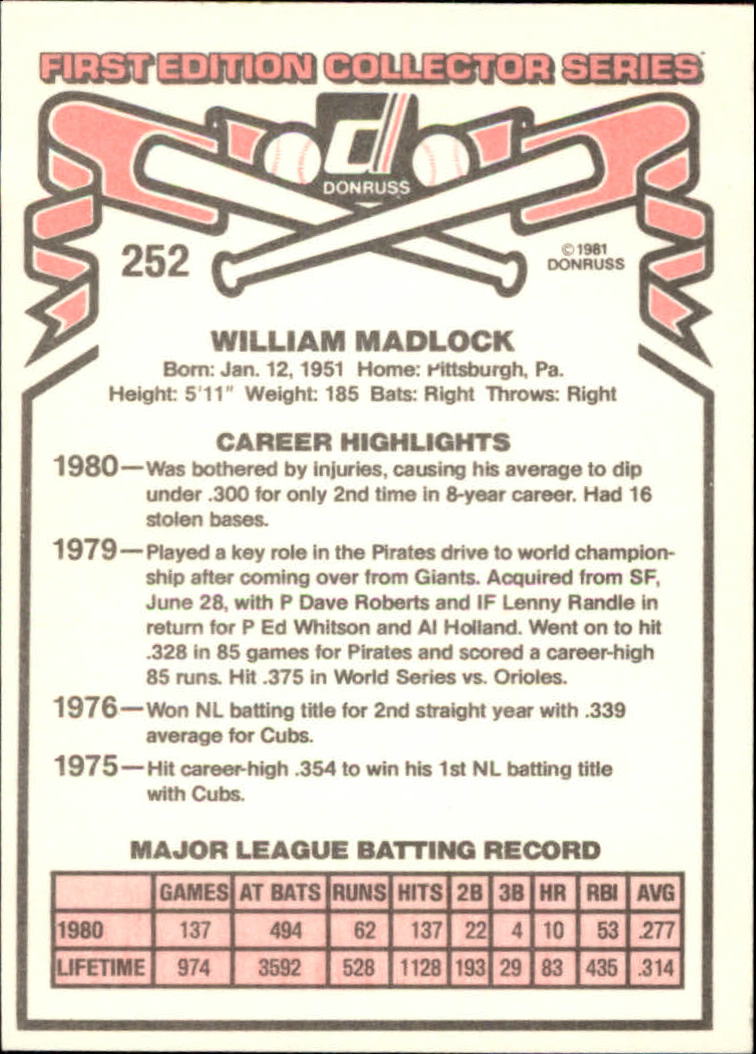 1981 Donruss #252 Bill Madlock back image