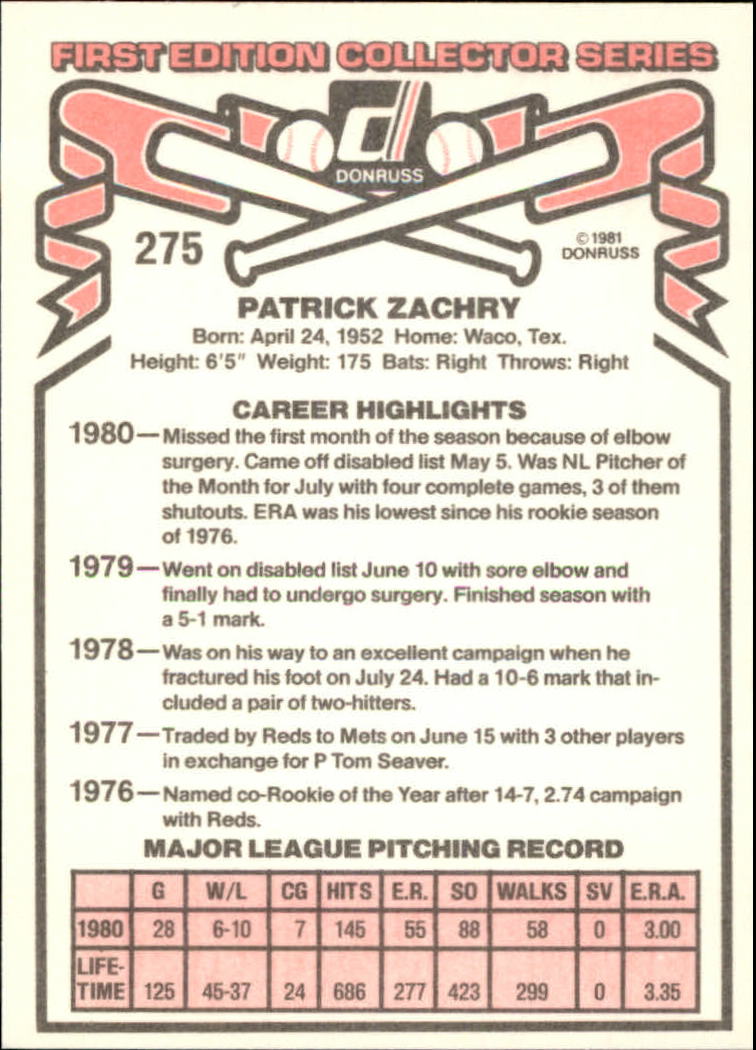 1981 Donruss #275 Pat Zachry back image