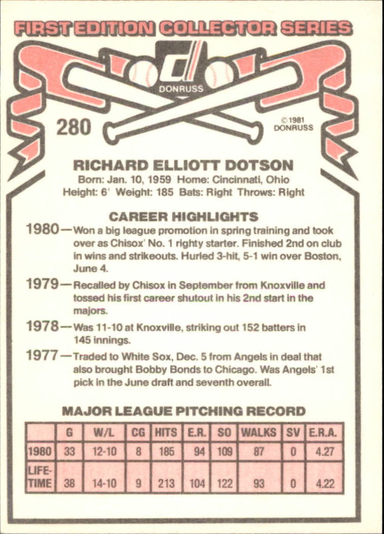 1981 Donruss #280 Rich Dotson RC back image
