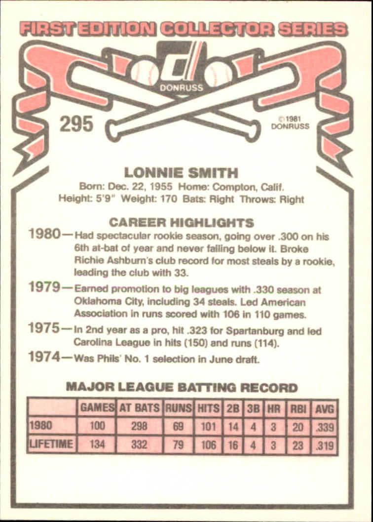 1981 Donruss #295 Lonnie Smith back image