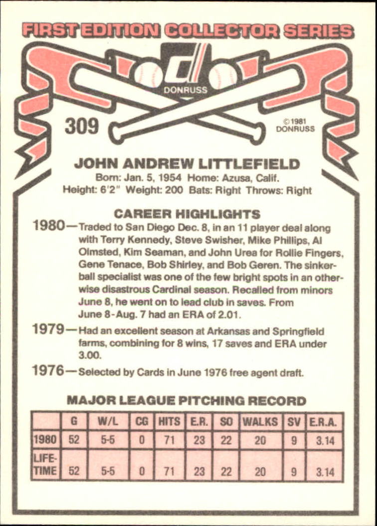 1981 Donruss #309 John Littlefield RC back image