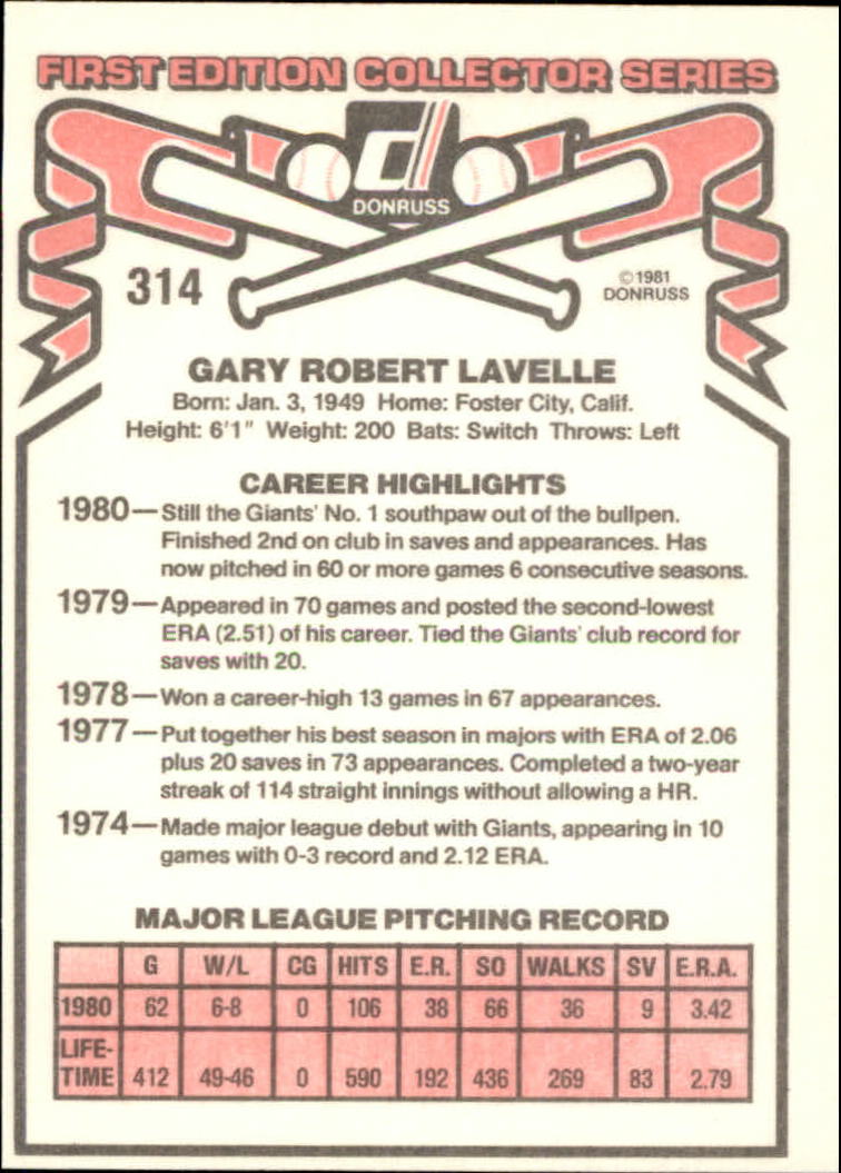 1981 Donruss #314 Gary Lavelle back image