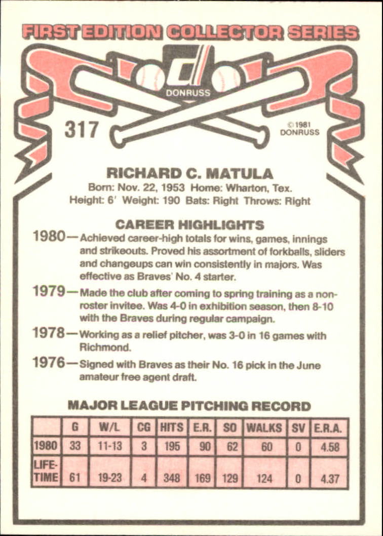 1981 Donruss #317 Rick Matula back image
