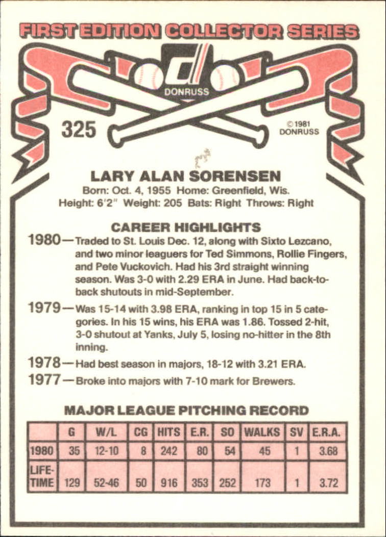 1981 Donruss #325 Lary Sorensen back image