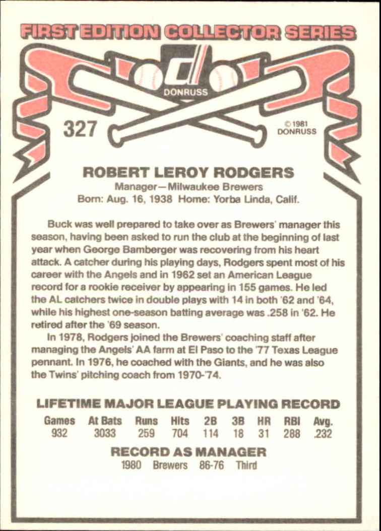 1981 Donruss #327 Bob Rodgers MG back image