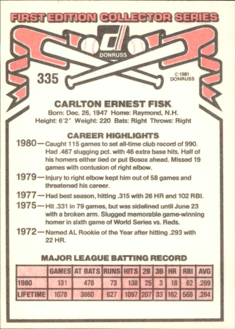 1981 Donruss #335 Carlton Fisk back image