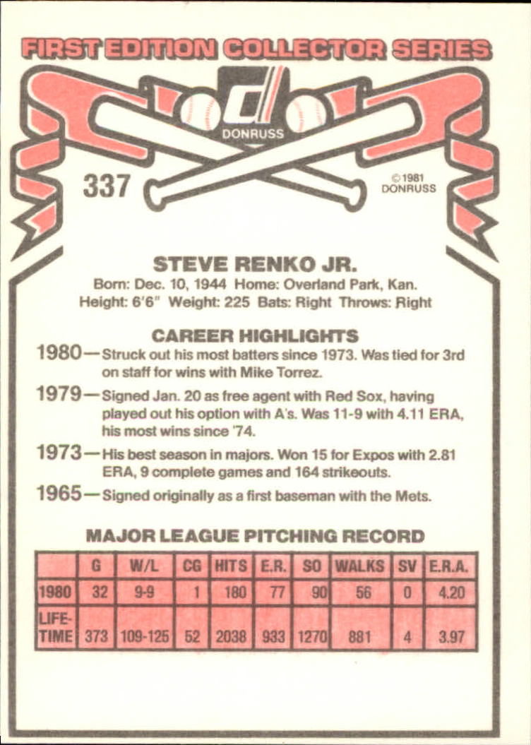 1981 Donruss #337 Steve Renko back image
