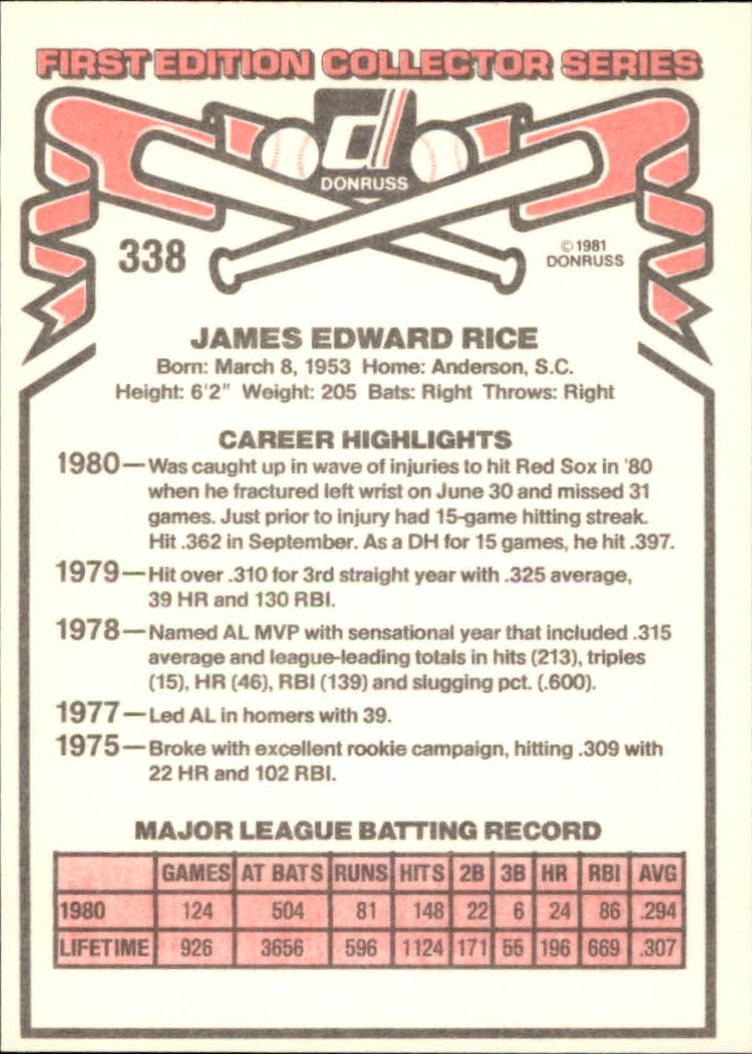 1981 Donruss #338 Jim Rice back image