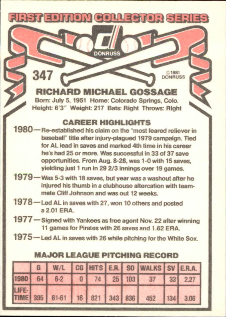 1981 Donruss #347 Rich Gossage back image