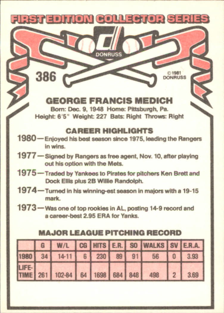 1981 Donruss #386 Doc Medich back image