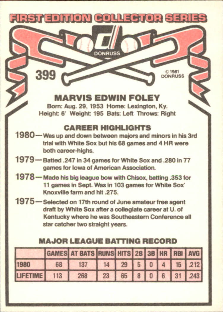 1981 Donruss #399 Marvis Foley RC back image