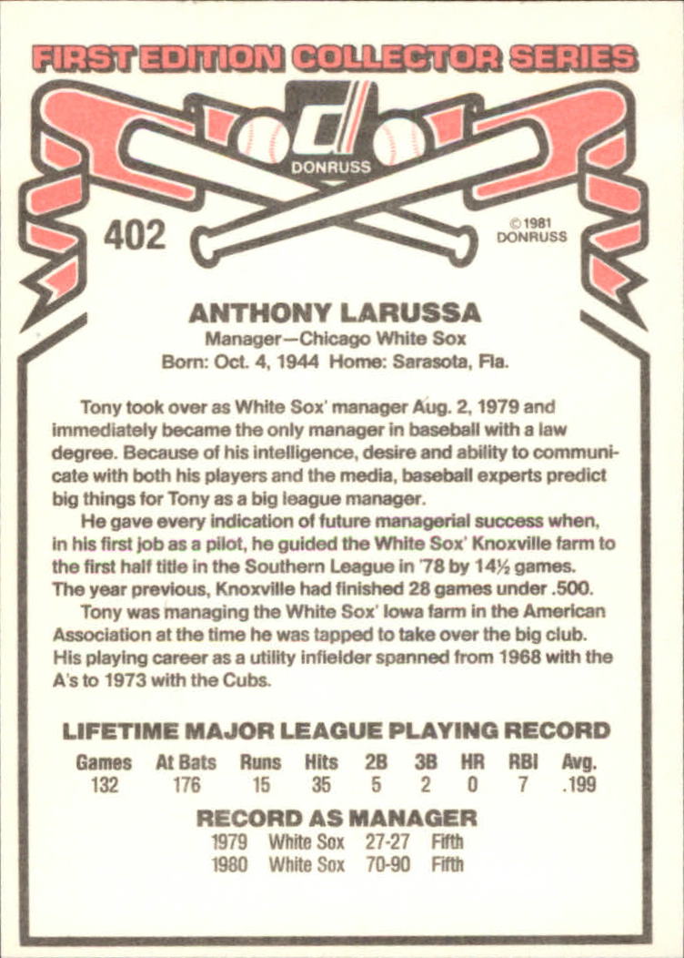 1981 Donruss #402 Tony LaRussa MG back image
