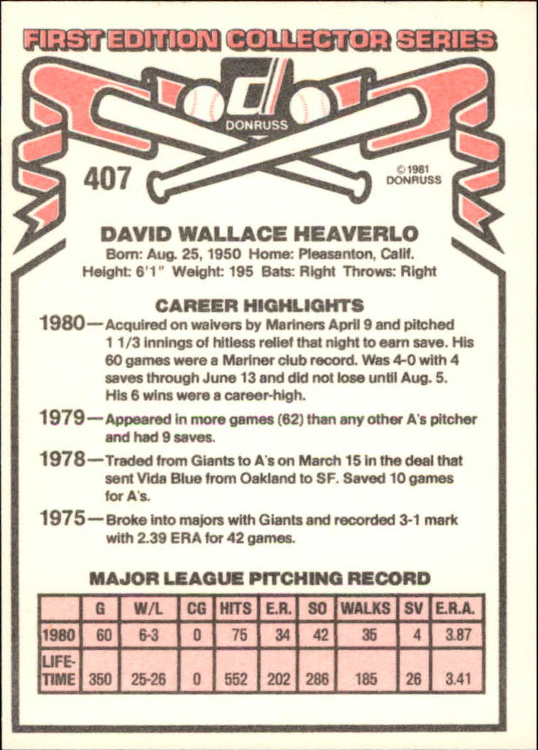 1981 Donruss #407 Dave Heaverlo back image