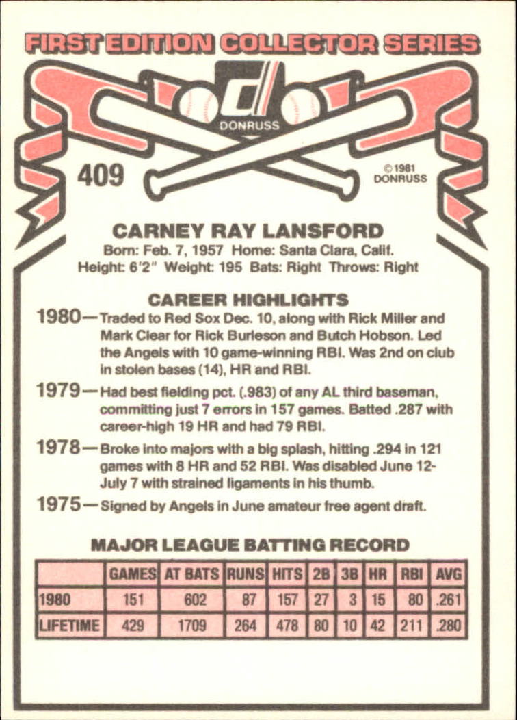1981 Donruss #409 Carney Lansford back image