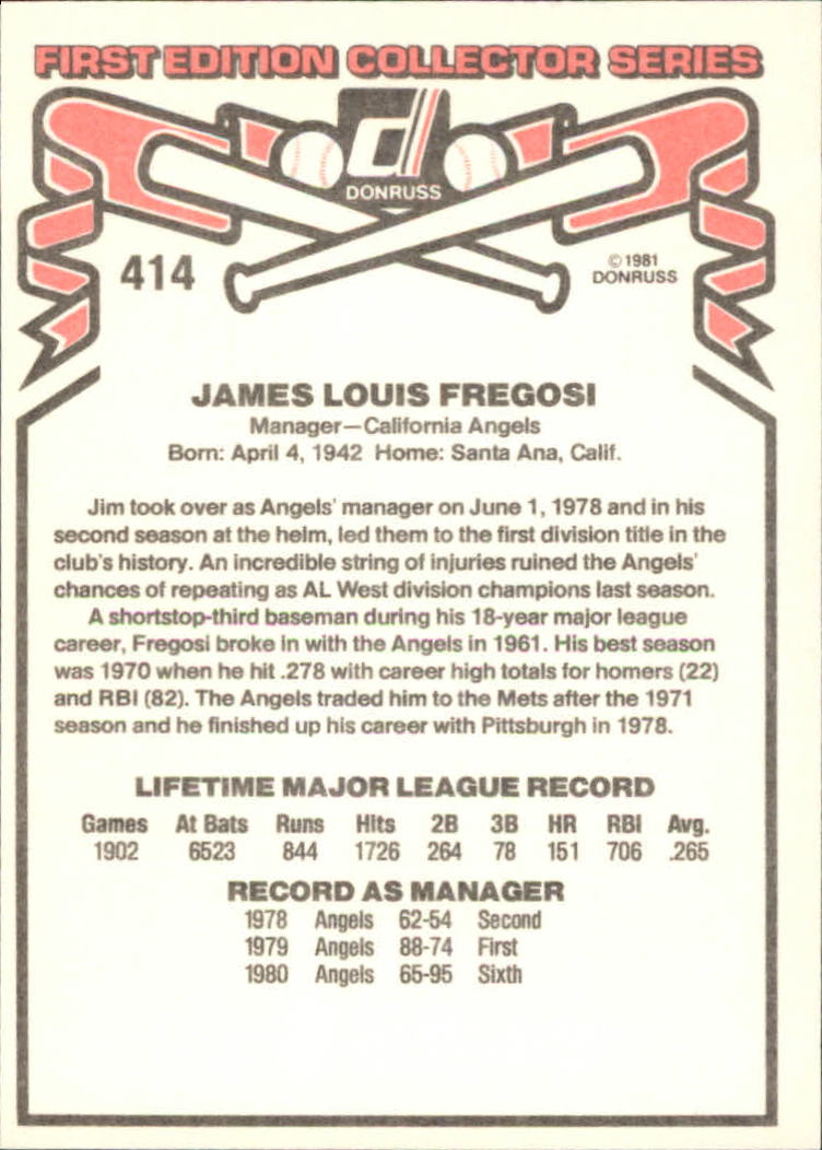 1981 Donruss #414 Jim Fregosi MG back image