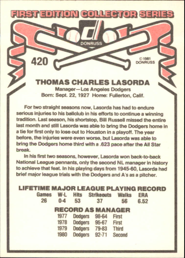1981 Donruss #420 Tom Lasorda MG back image