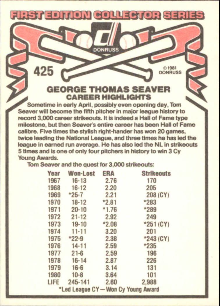 1981 Donruss #425 Tom Seaver back image