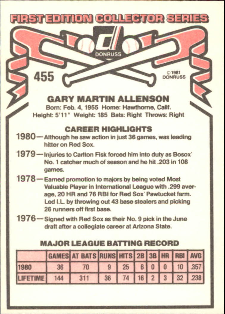 1981 Donruss #455 Gary Allenson back image