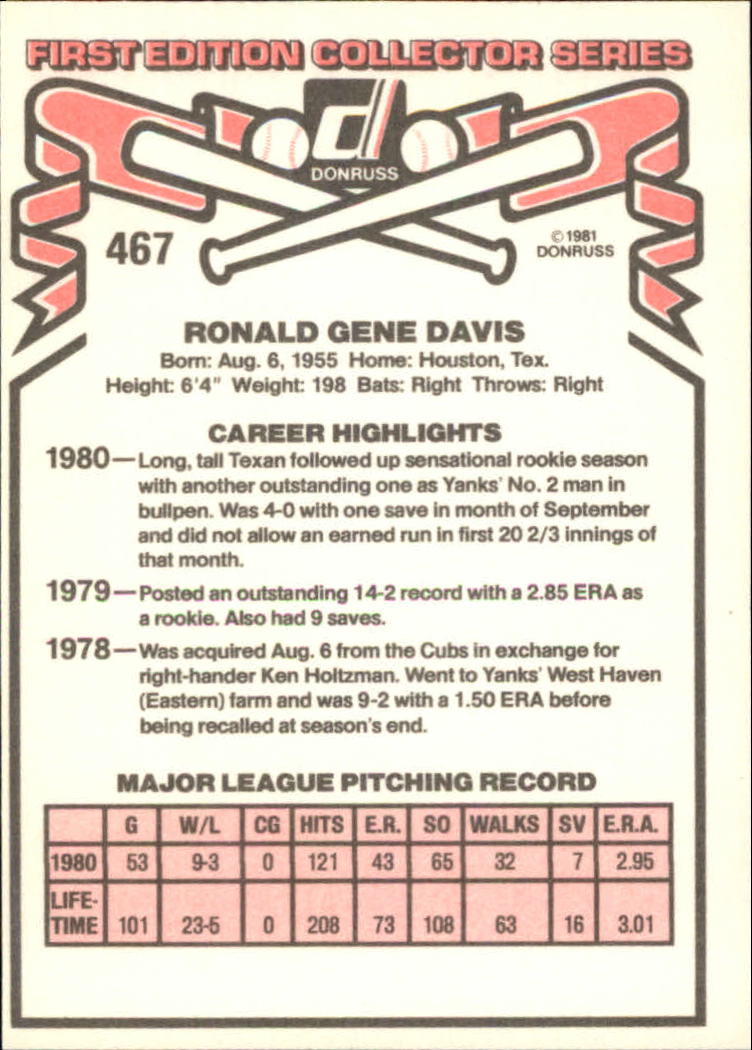 1981 Donruss #467 Ron Davis back image
