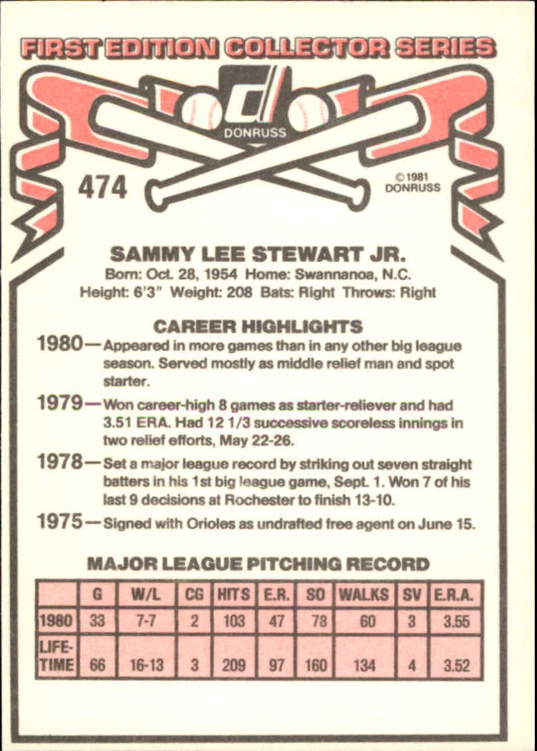 1981 Donruss #474 Sammy Stewart back image