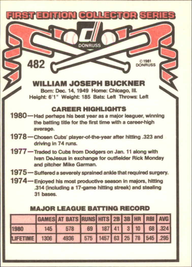 1981 Donruss #482 Bill Buckner back image
