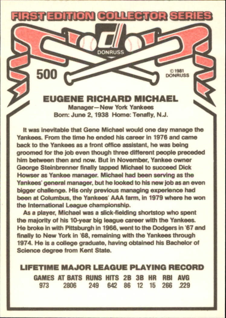 1981 Donruss #500 Gene Michael MG back image