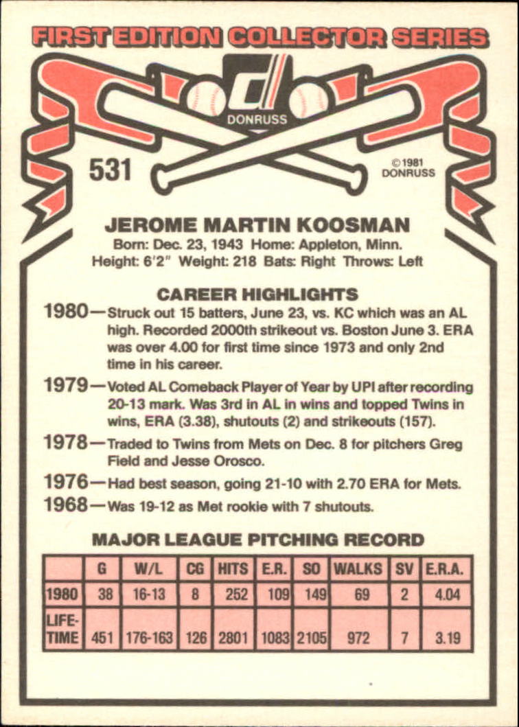 1981 Donruss #531 Jerry Koosman back image