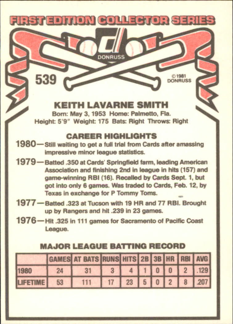 1981 Donruss #539 Keith Smith back image