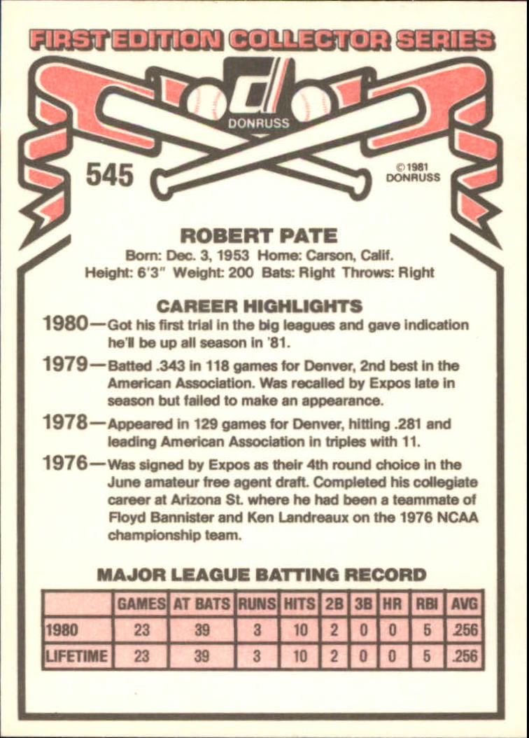 1981 Donruss #545 Bob Pate RC back image