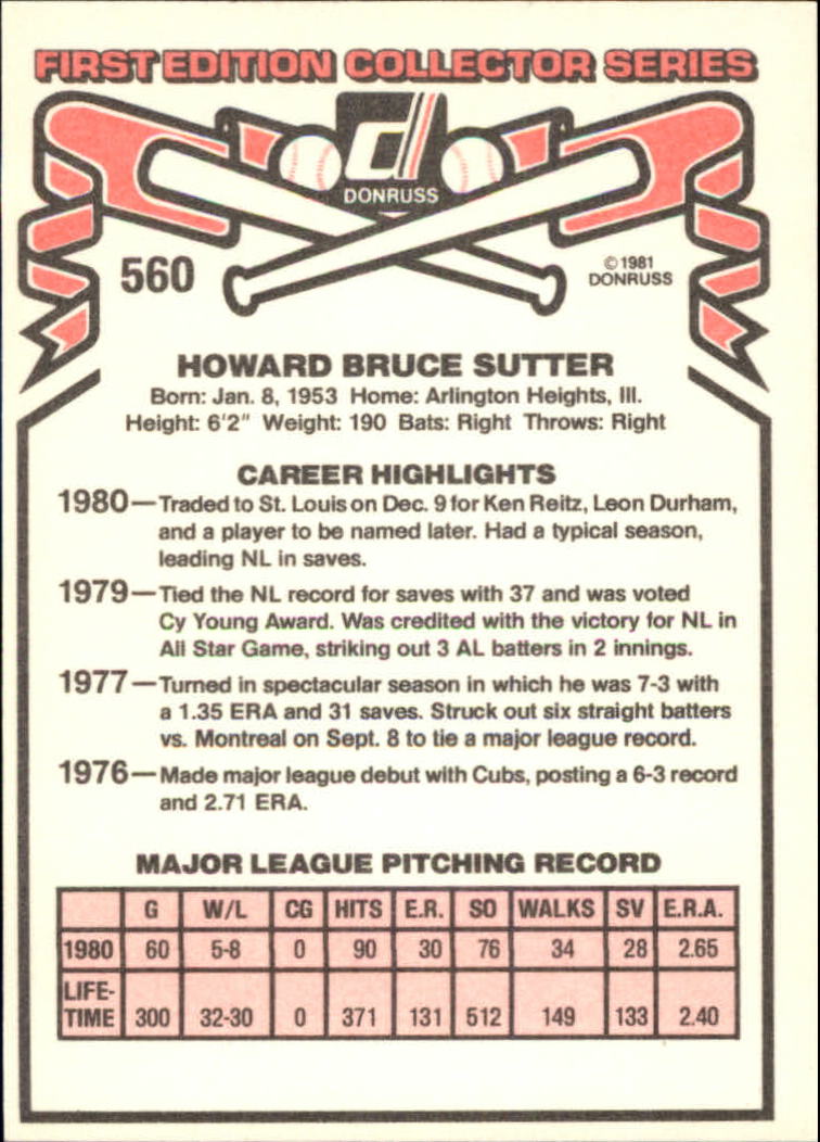 1981 Donruss #560 Bruce Sutter back image