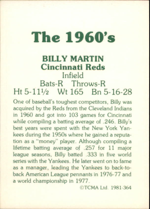 1981 TCMA 60's II #364 Billy Martin back image