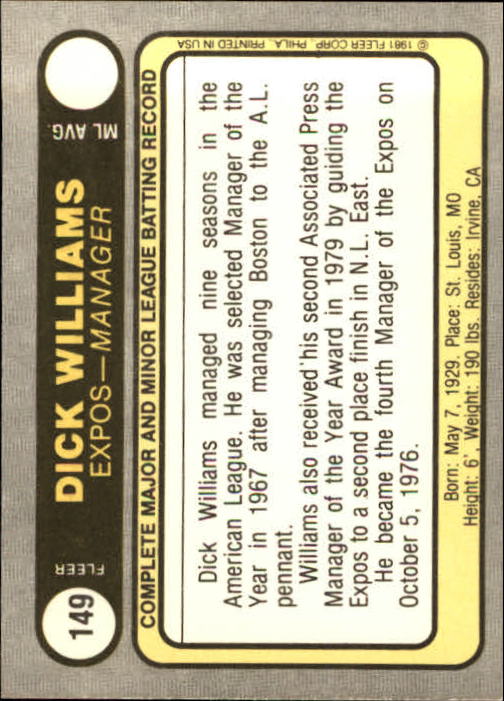 1981 Fleer #149 Dick Williams MG back image