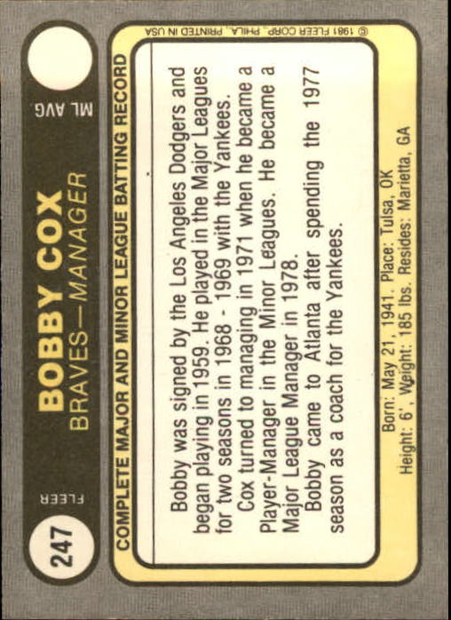 1981 Fleer #247 Bobby Cox MG back image