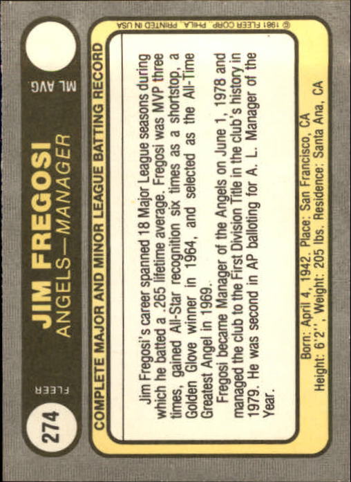1981 Fleer #274 Jim Fregosi MG back image