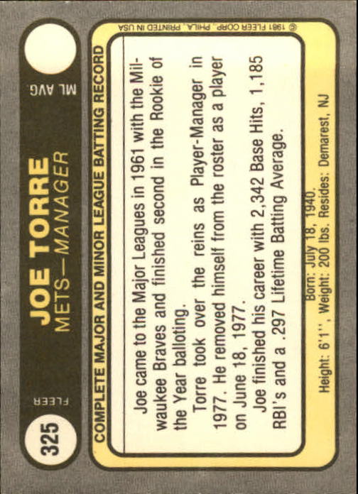 1981 Fleer #325 Joe Torre MG back image