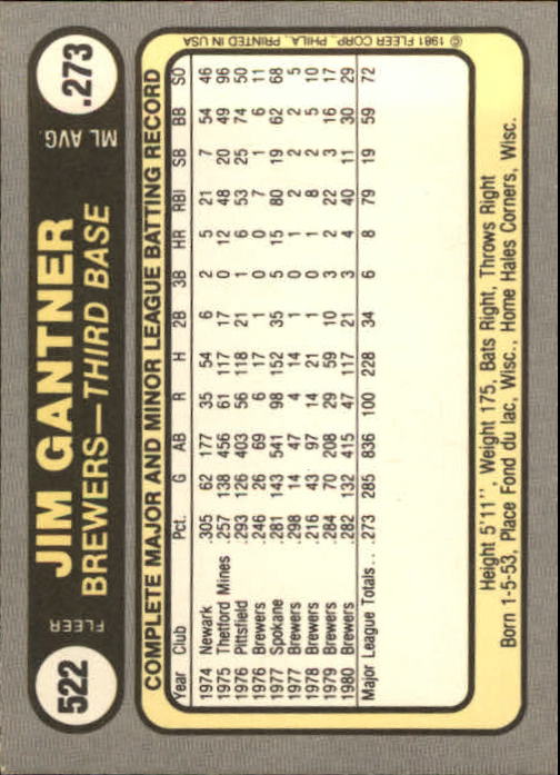 1981 Fleer Baseball "Main Set" Base Cards #441 to #660 - Picture 171 of 459