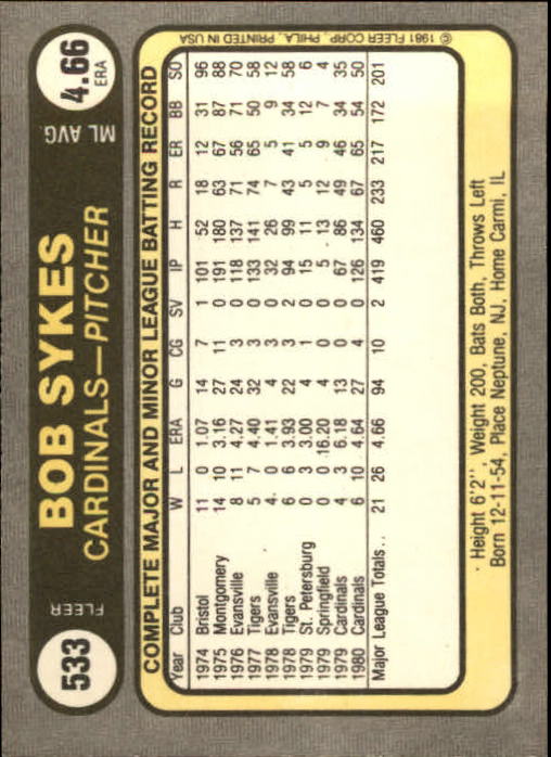1981 Fleer Baseball "Main Set" Base Cards #441 to #660 - Picture 193 of 459
