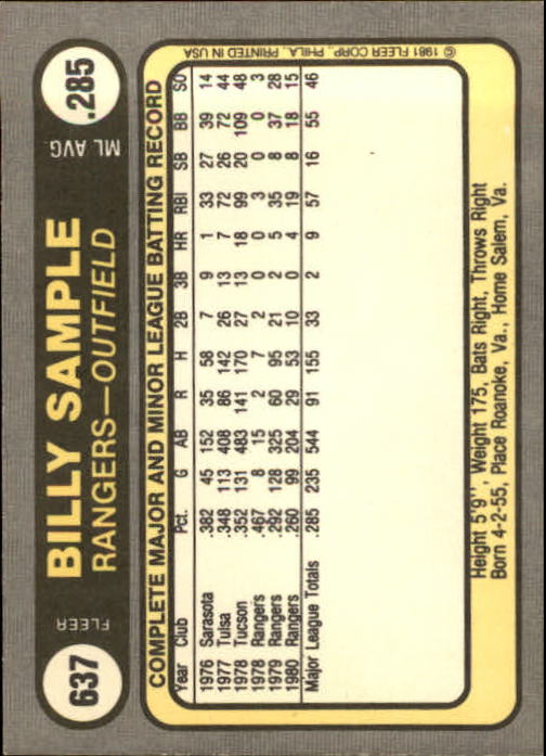 1981 Fleer #637 Billy Sample back image