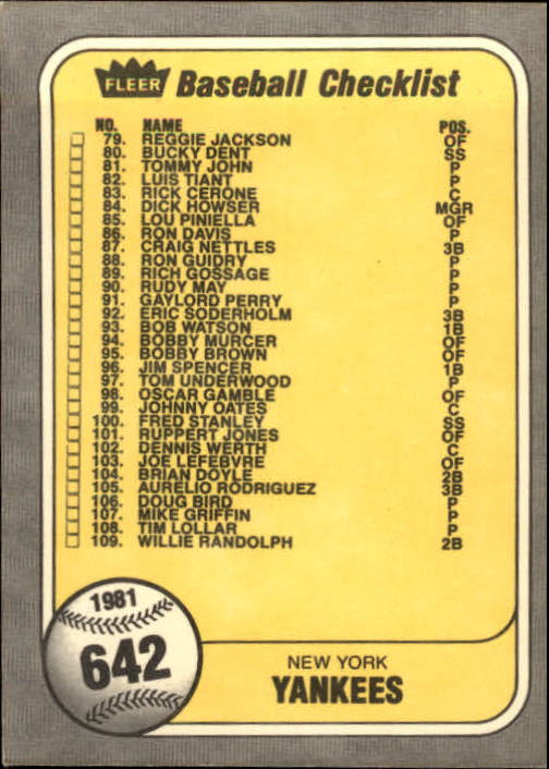 1981 Fleer Baseball "Main Set" Base Cards #441 to #660 - Picture 413 of 459