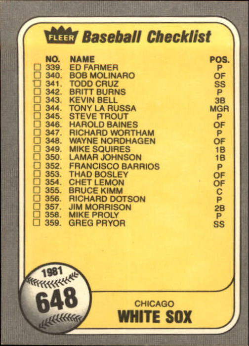 1981 Fleer Baseball "Main Set" Base Cards #441 to #660 - Picture 427 of 459