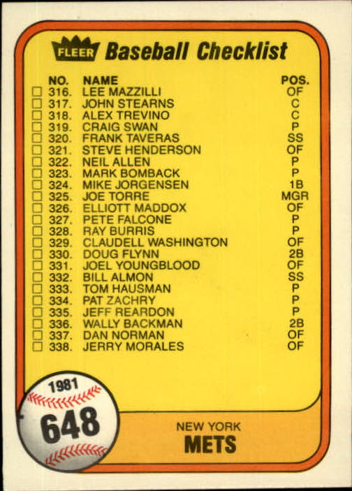 1981 Fleer Baseball "Main Set" Base Cards #441 to #660 - Picture 426 of 459