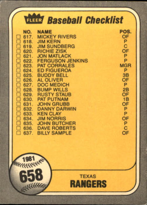 1981 Fleer Baseball "Main Set" Base Cards #441 to #660 - Picture 451 of 459