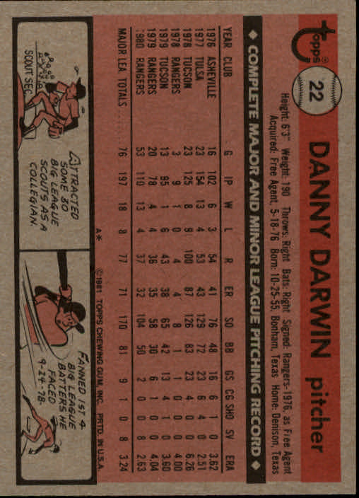 1981 Topps #22 Danny Darwin back image