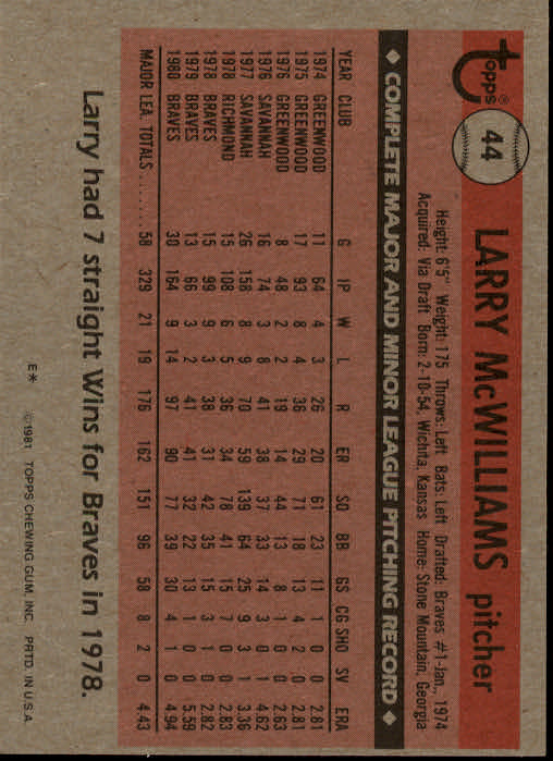 1981 Topps #44 Larry McWilliams back image